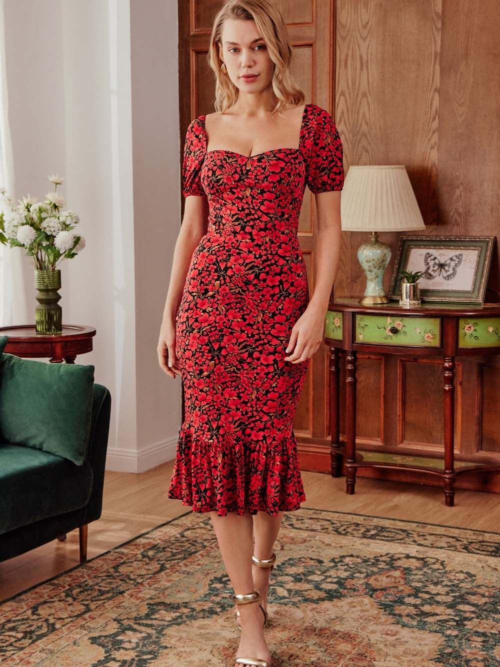 Carmen Puff Sleeves Stretch Midi Dress in Red